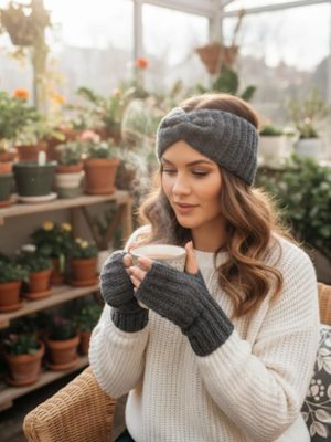 Komplet opaska na głowę i rękawiczki mitenki na szydełku