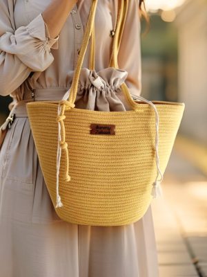 koszyk miejski ze sznurka musztardowy z workiem Barwny Zakątek