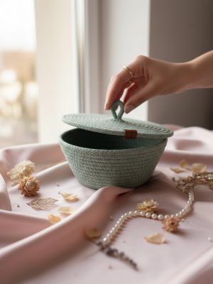 Koszyk z pokrywką ze sznurka i podstawka na biżuterię