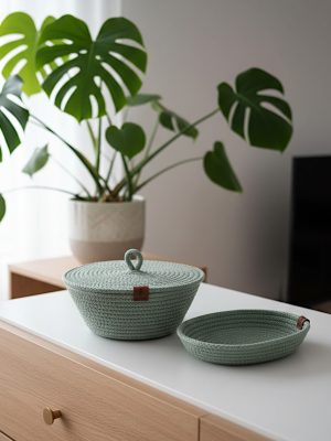 Koszyk z pokrywką ze sznurka i podstawka na biżuterię KS01-03p