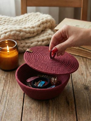 Bordowy koszyk ze sznurka z pokrywką Polska KS01-04p