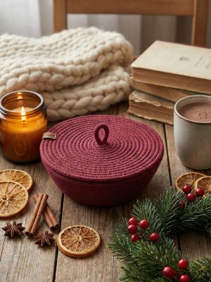 Bordowy koszyk ze sznurka z pokrywką Polska Manufaktura KS01-04p