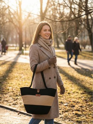 Torebka koszyk ze sznurka czarno ciasteczkowa