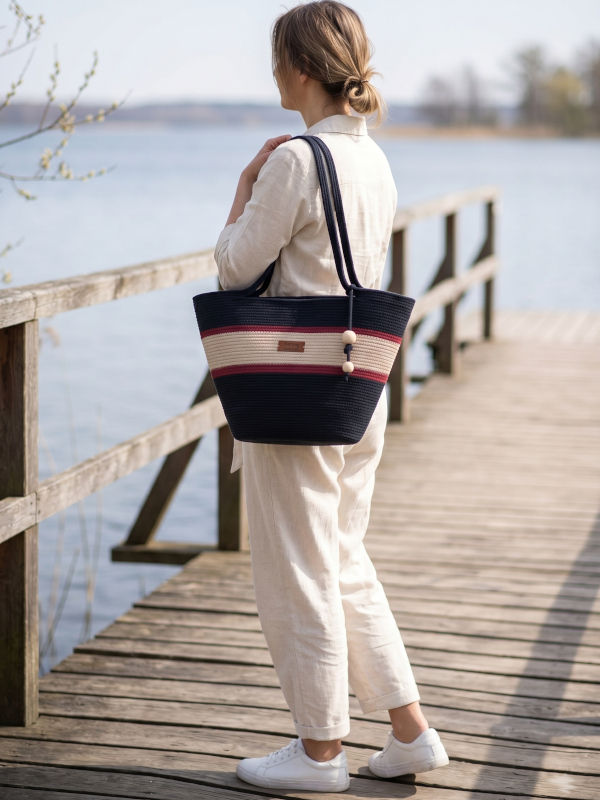 Torebka ze sznurka miejski koszyk czarny bordo beż handmade produkt polski